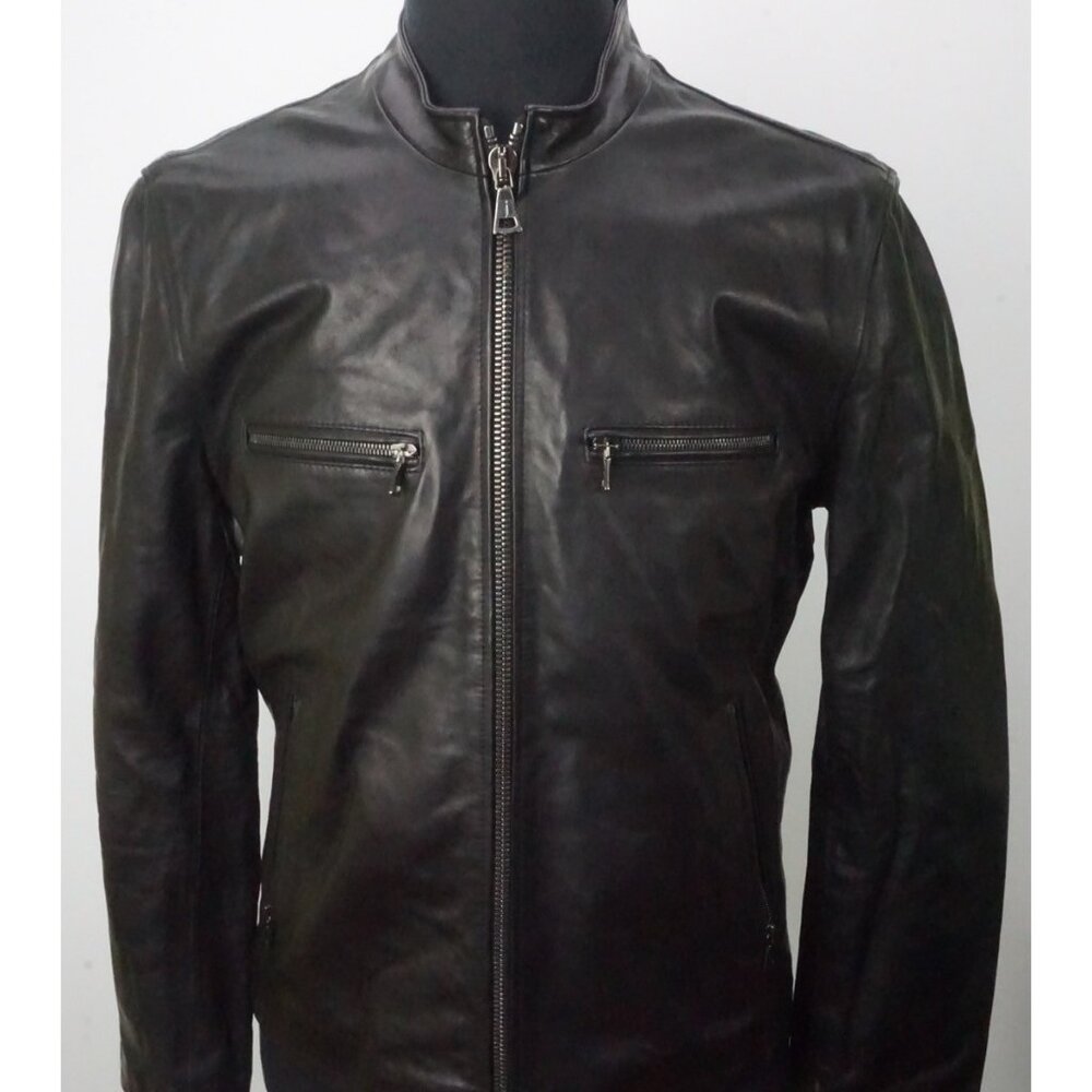 John Varvatos 100% Leather  Black Fringe Back ZIp Up Moto Jacket Coat 40 NEW